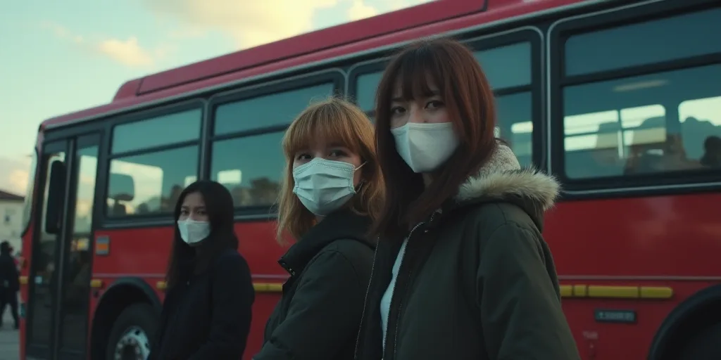 a group of people standing in front of a bus wearing face masks and standing in front of a bus, Elbr