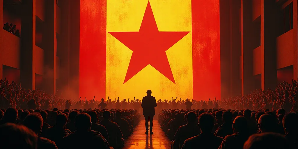 a group of people standing in front of a large flag in a room filled with people sitting down and ra