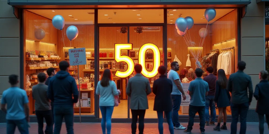 a group of people standing in front of a store with balloons in the air and a sign that says 50, Cef
