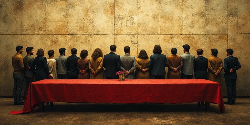 a group of people standing in front of a long table with a red table cloth on it and a row of people