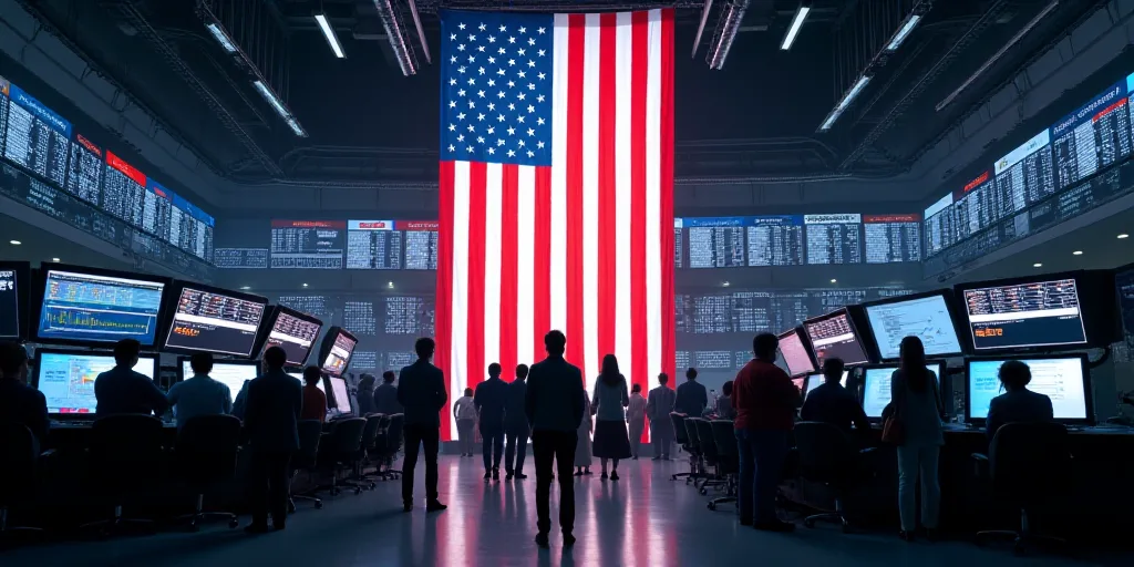 a group of people standing in front of a stock market with an american flag hanging from the ceiling