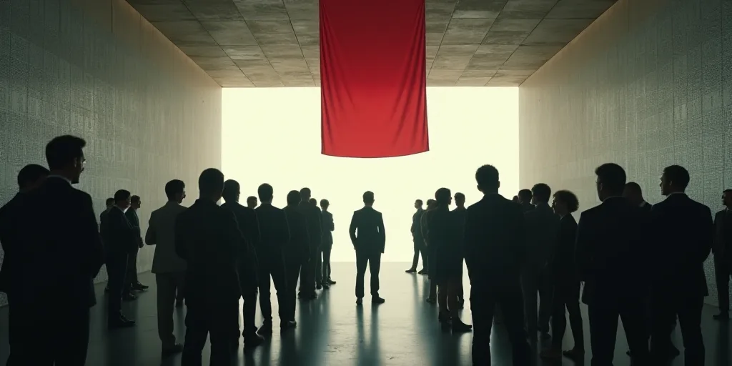 a group of people standing in a room with a wall of numbers on it and a flag hanging from the ceilin