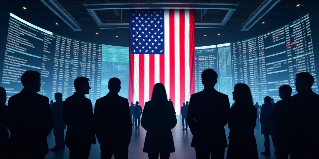 a group of people standing in front of a stock market with an american flag hanging from the ceiling