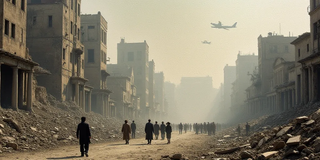 a group of people standing in a destroyed city with buildings in the background and people walking a