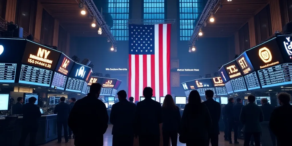 a group of people standing in front of a stock market with an american flag hanging from the ceiling
