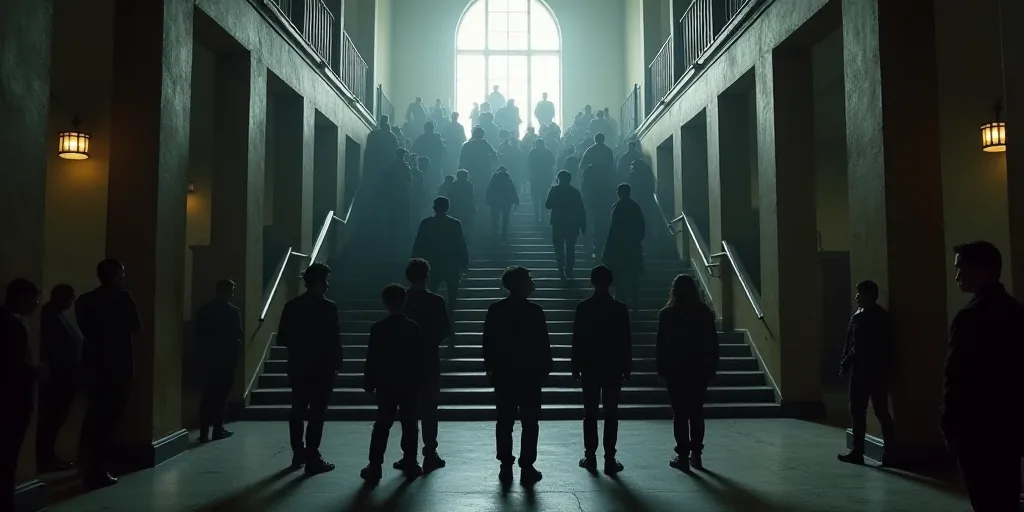 a group of people standing in front of a staircase in a building with a crowd of people standing on