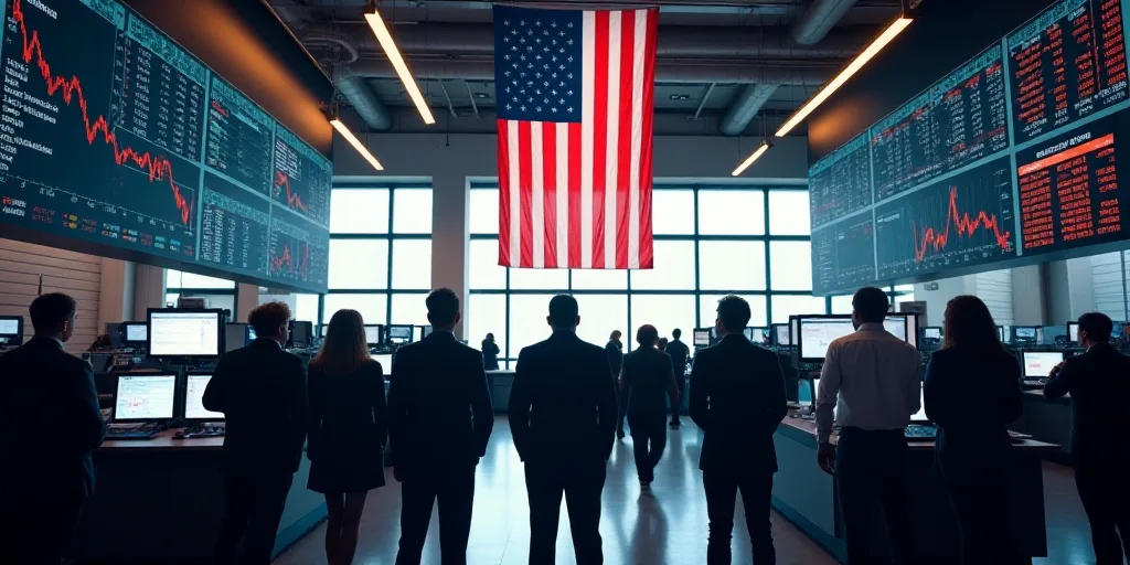 a group of people standing in front of a stock market with an american flag hanging from the ceiling