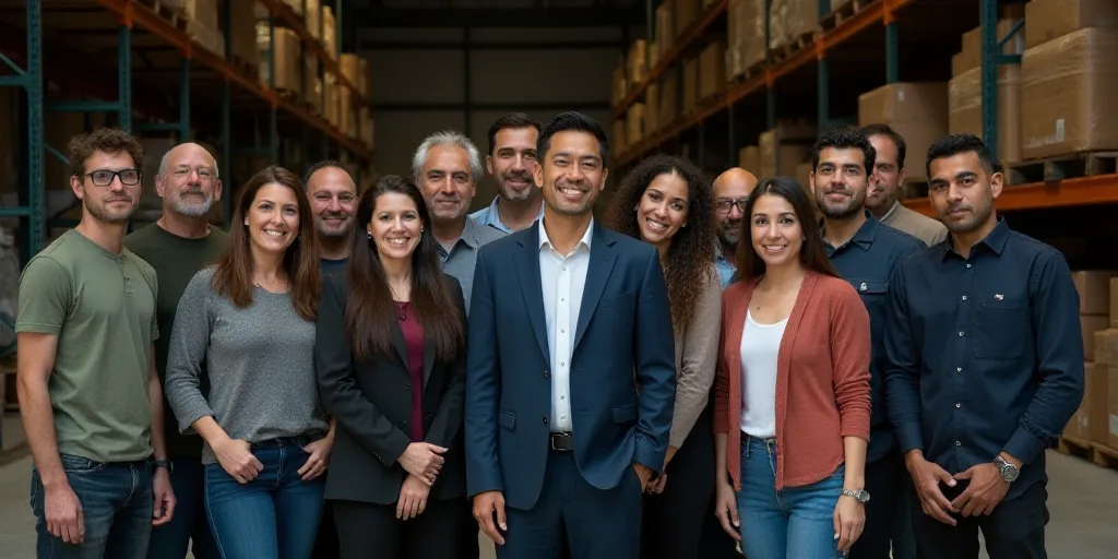 a group of people standing in a warehouse together for a picture with a woman in front of them and a
