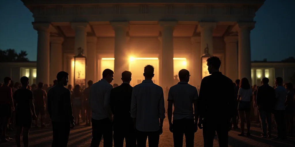 a group of people standing in front of a building at night with a crowd of people standing around th