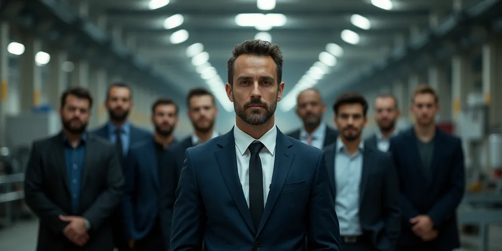 a group of people standing in a factory together with a man in a suit and tie in front of them, Carl