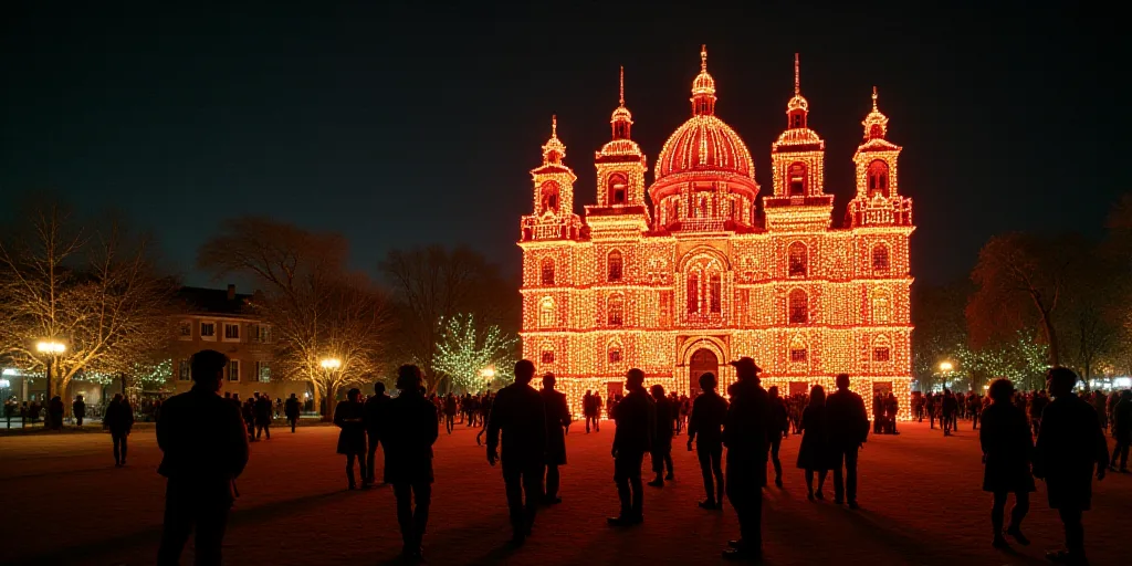 a group of people standing in front of a building with christmas lights on it's sides and a building