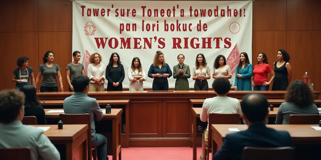 a group of people standing in front of a table with a microphone and a banner behind them that says