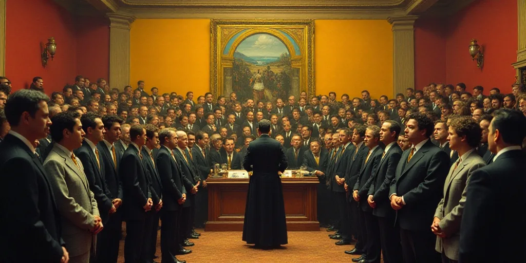 a group of people standing in front of a microphone in a room filled with people in suits and ties,
