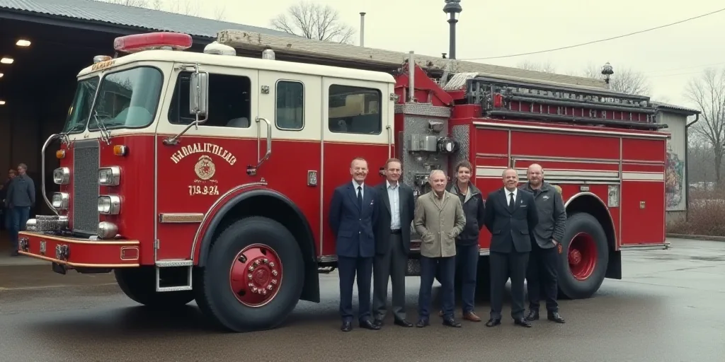 a group of people standing in front of a fire truck with a fireman standing next to it and a fireman