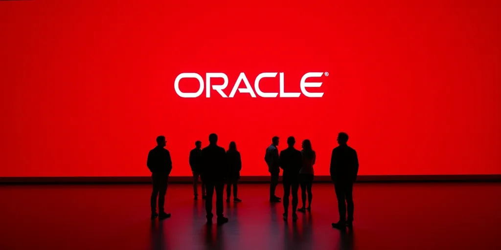 a group of people standing in front of a oracle logo on a red wall with a red background and a white