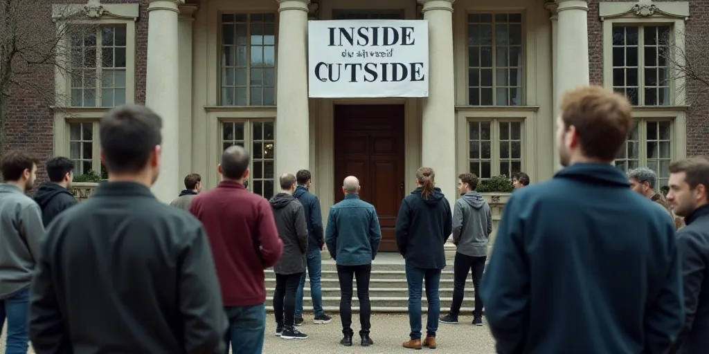 a group of people standing in front of a building with a sign that says inside inside outside in fro