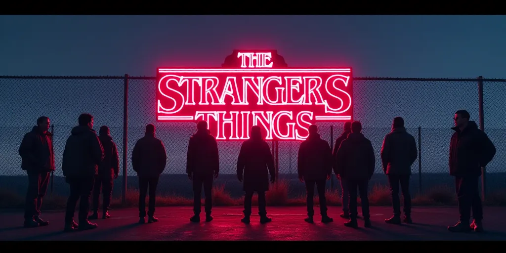 a group of people standing in front of a fence with a neon sign that says,'netflix's netflix series,