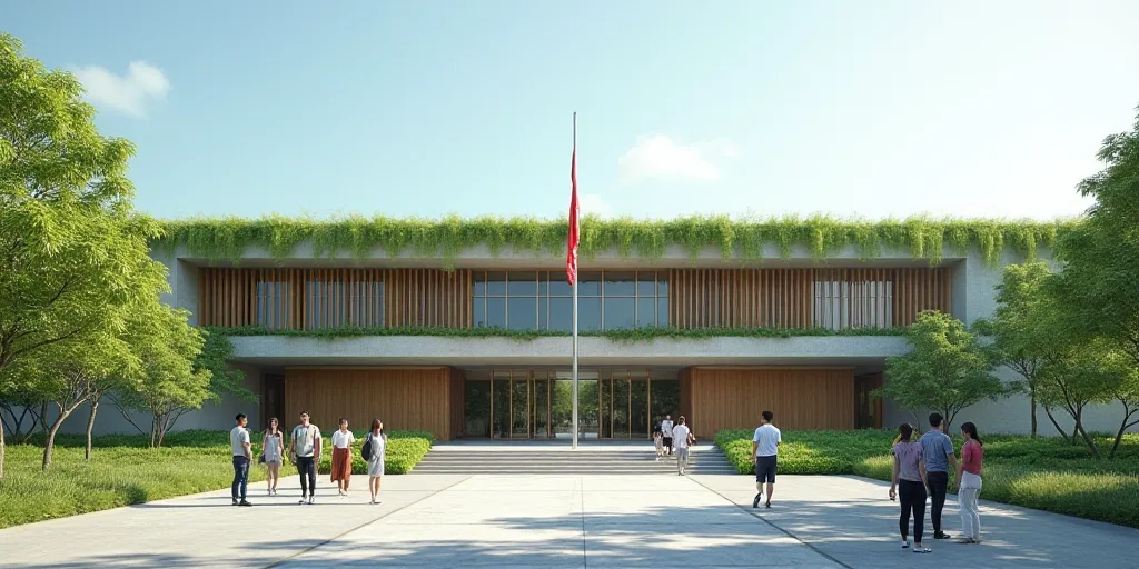 a group of people standing in front of a building with a green roof and a flag pole in front of it,