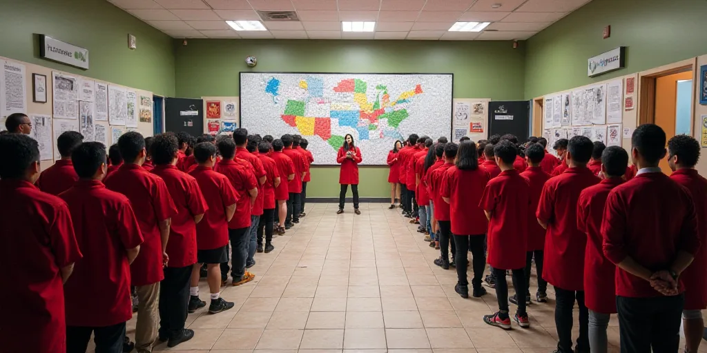 a group of people standing in a hallway with a large poster in front of them and a large group of pe