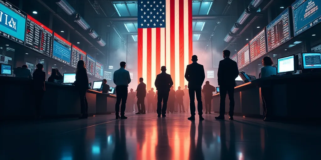 a group of people standing in front of a stock market with an american flag hanging from the ceiling