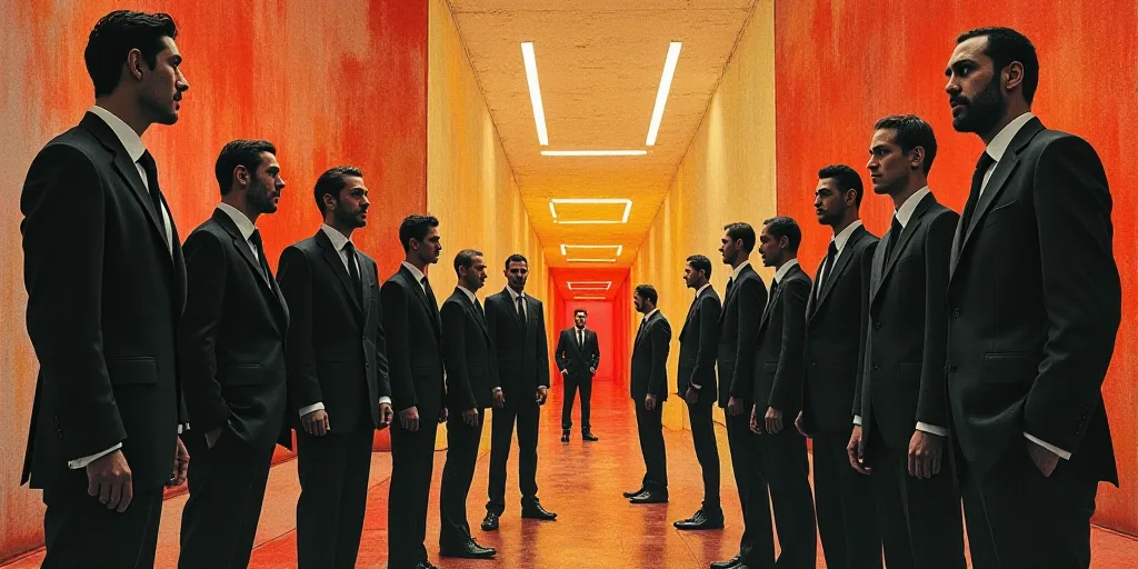 a group of people standing in a room together with a man in a suit and tie on the side of the room,