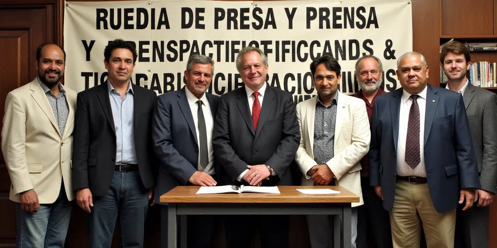 a group of people standing in front of a table with a sign behind them that says ruedia de presa y p