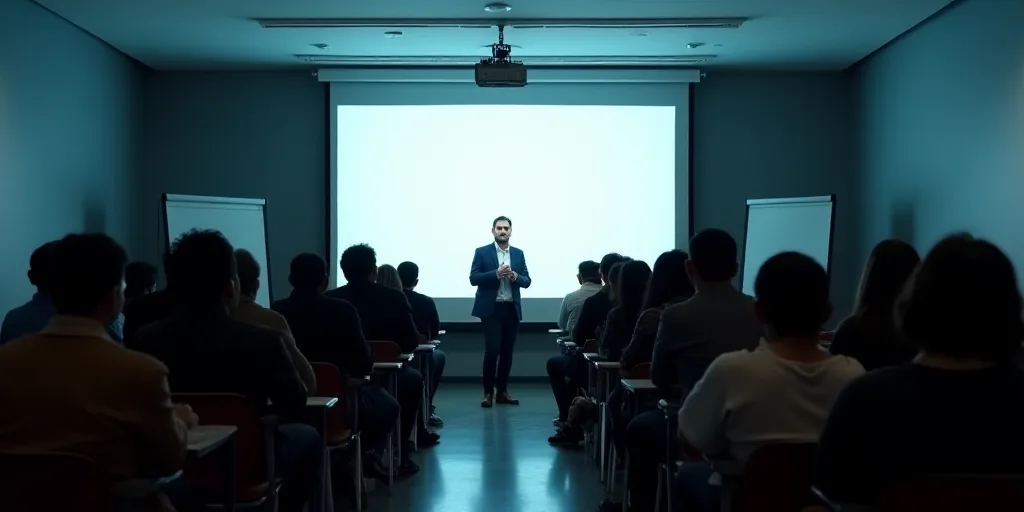 a group of people standing in front of a screen in a room with a large screen in the background, Car
