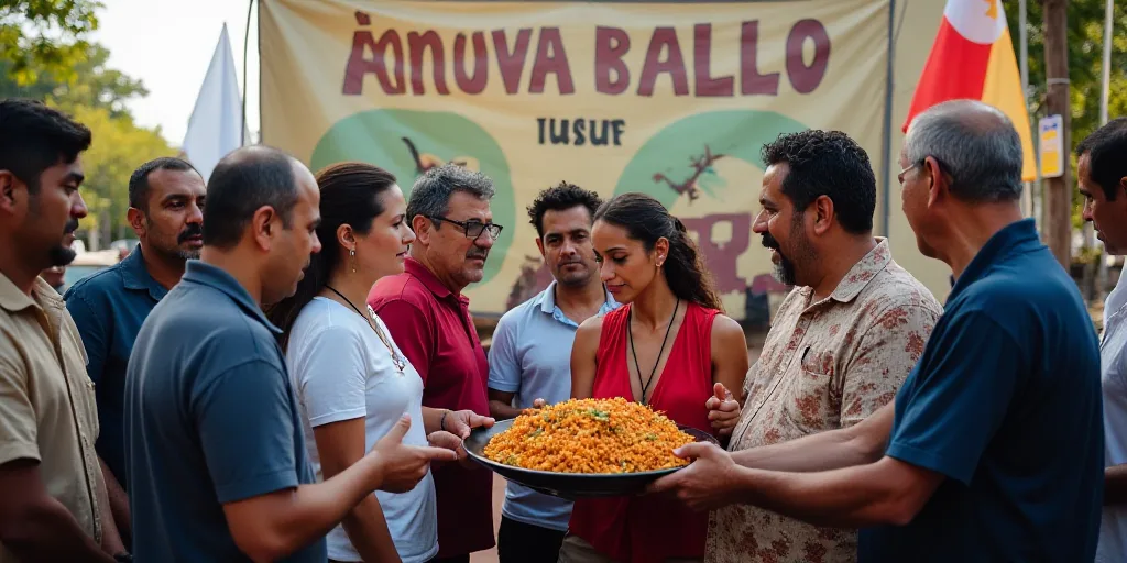 a group of people standing next to each other holding a sign and a bowl of food in front of a banner