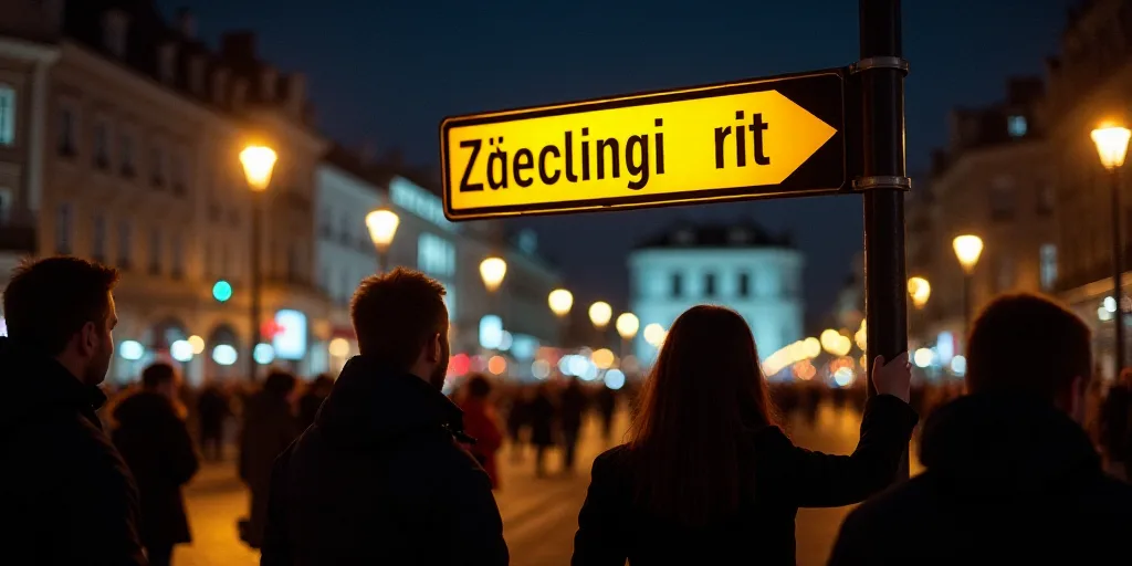 a group of people standing next to a street sign at night time with people standing around the sign