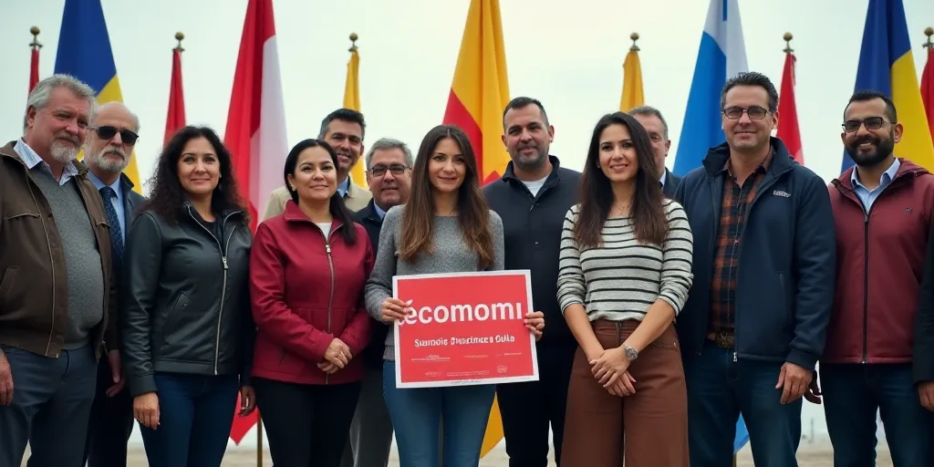 a group of people standing next to each other in front of flags and a sign that says econom, Carlos