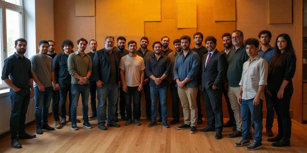 a group of people standing next to each other in a room with a wooden floor and a wall with shelves,