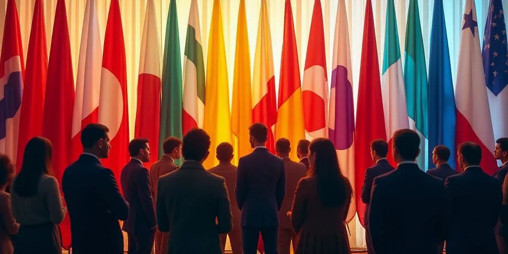 a group of people standing next to each other in front of flags of different countries and colors of
