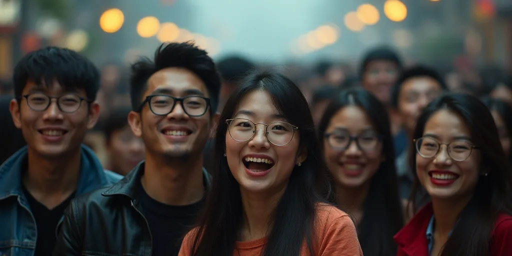 a group of people standing next to each other near a crowd of people wearing glasses and smiling at