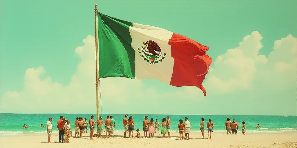 a group of people standing next to a large mexican flag kite on a beach in the ocean with people sta