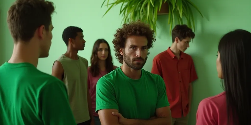 a group of people standing next to each other in a room with a green plant on the wall and a man in