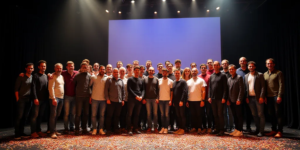 a group of people standing on a stage with confetti in front of them and a banner behind them, Carlo