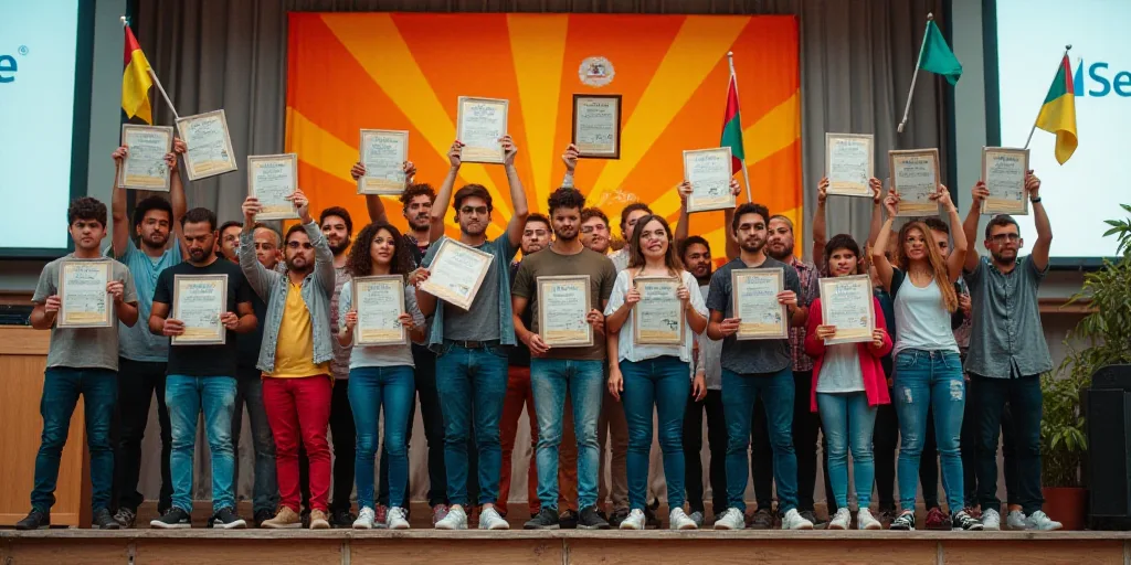 a group of people standing on a stage holding up plaques and flags in front of them with a banner in