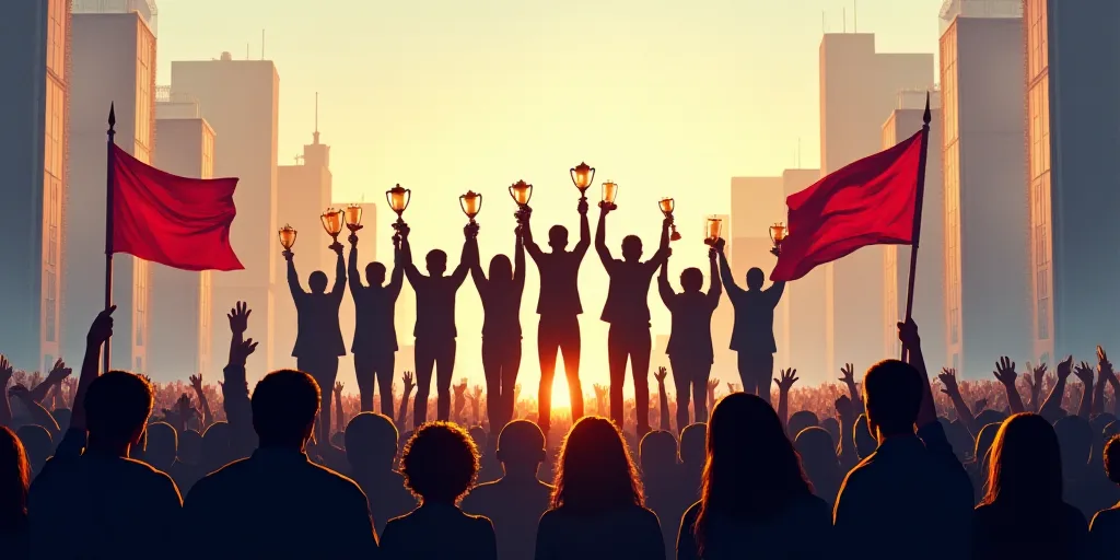 a group of people standing on a stage holding up awards and flags in front of them with a group of p