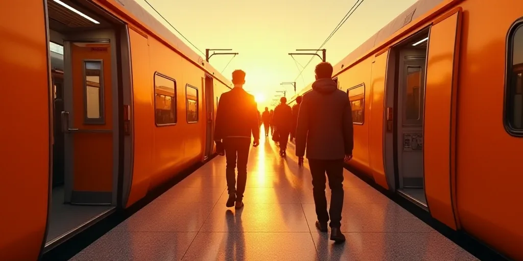 a group of people standing on a train platform next to a train door and a train car with its doors o