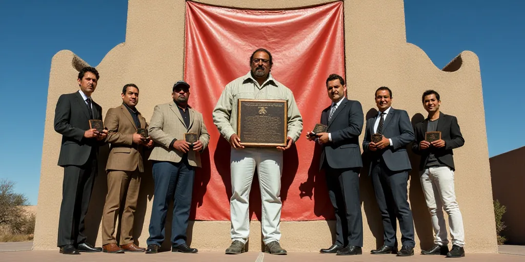 a group of people standing on a stage holding a plaque and a plaque in front of them with a banner b