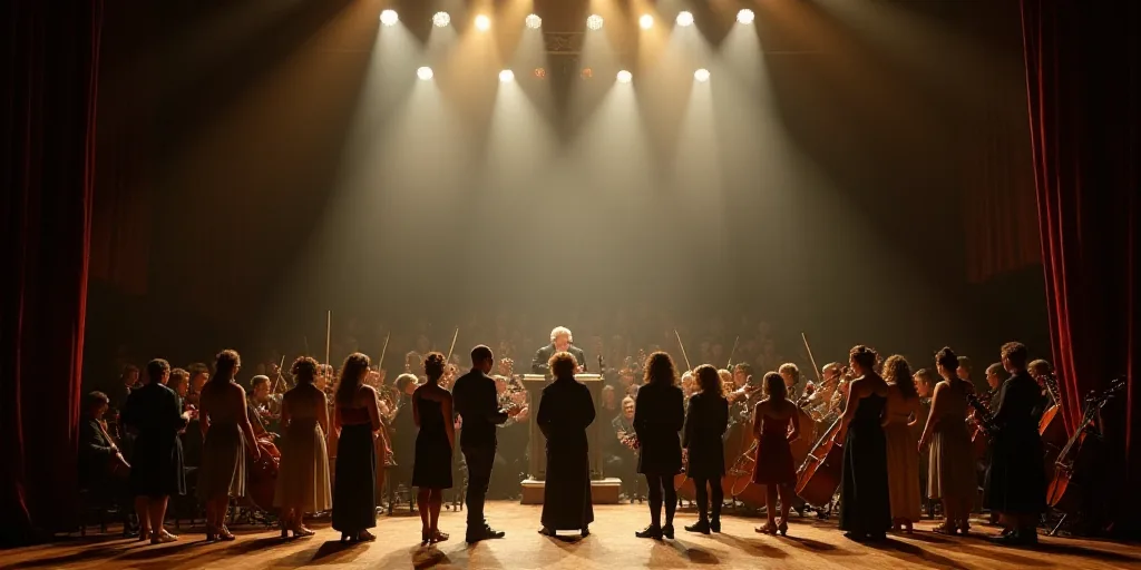 a group of people standing on a stage with a conductor and orchestra in the background at a concert