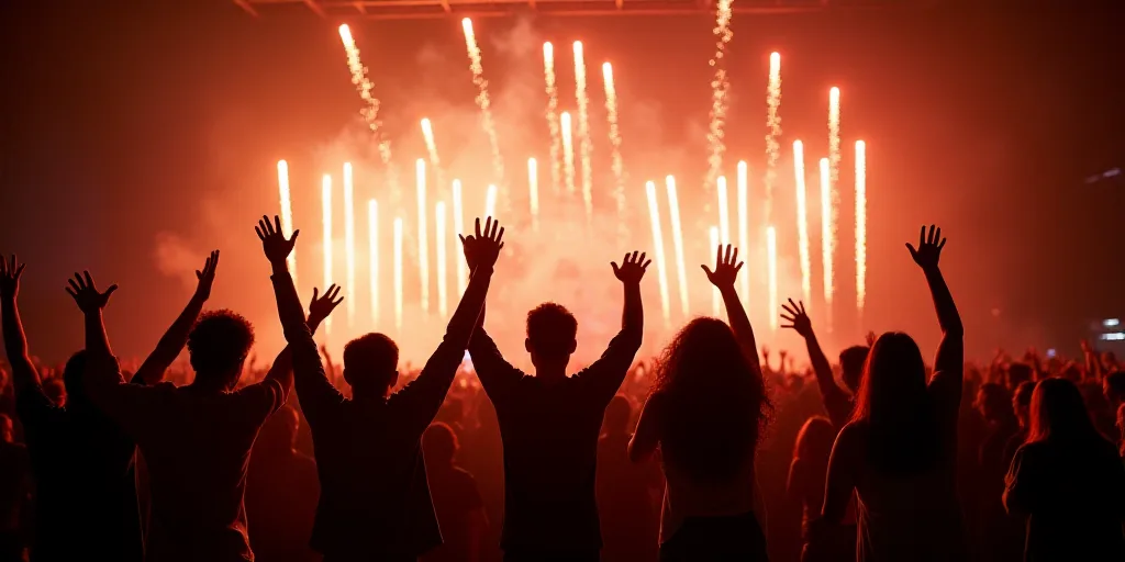a group of people standing on a stage with their hands in the air and fireworks in the air behind th