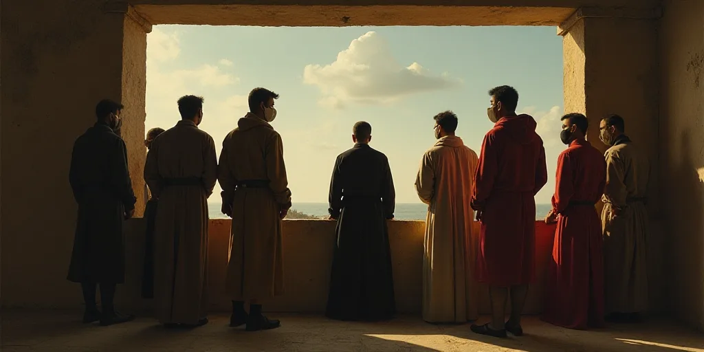 a group of people standing on a balcony wearing masks and looking out the window at the camera man i