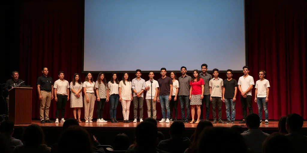 a group of people standing on a stage with microphones in front of them and a screen behind them, Cu