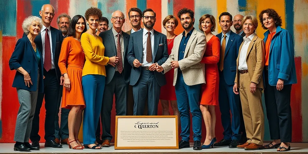 a group of people standing on a stage with flags behind them and a plaque in front of them that read