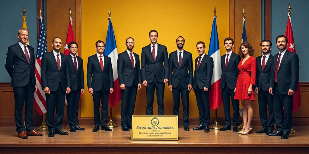 a group of people standing on a stage with flags behind them and a plaque in front of them that read