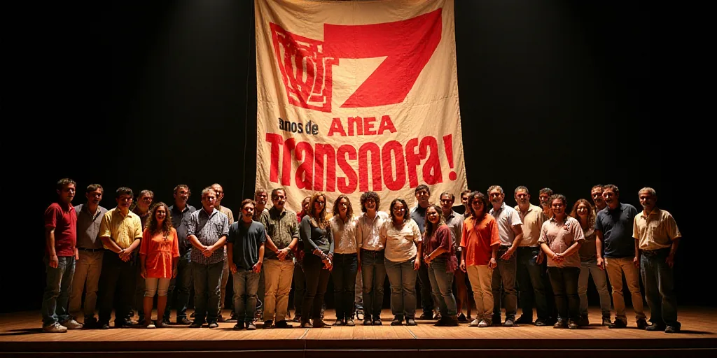 a group of people standing on a stage with a banner behind them that says 7 anos de transformacan, D
