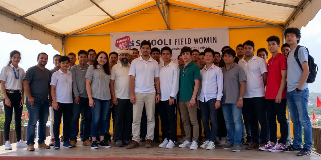 a group of people standing on a stage under a tent with a banner behind them that says rose woong, C