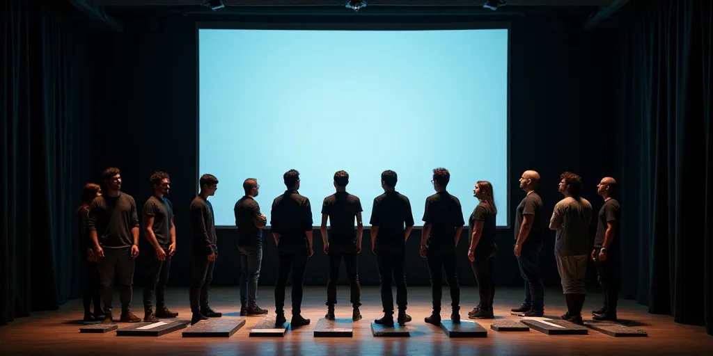 a group of people standing on a stage with plaques in front of them and a screen behind them with a