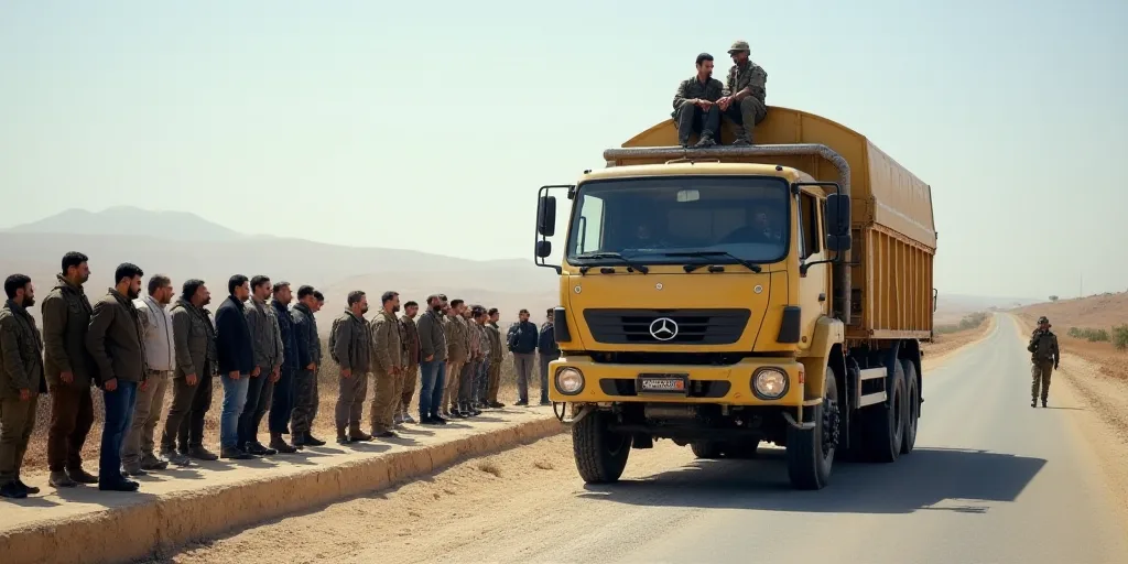 a group of people standing on the side of a road next to a truck and a truck with a soldier on top,